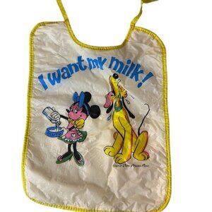 Vintage Disney Baby Bib With Minnie Mouse & Pluto "I Want My Milk!" Design